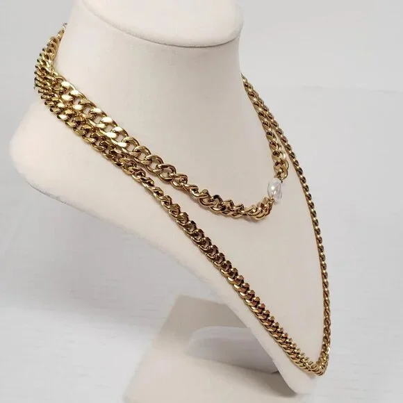 Auth Louis Vuitton Lock&Key Gold w/Unbranded Cuban Style Stainless Double Chain - Picture 13 of 14